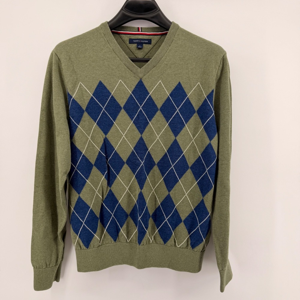Tommy Hilfiger Sweater Mens Medium Green Argyle V-Neck Cotton Pullover Preppy